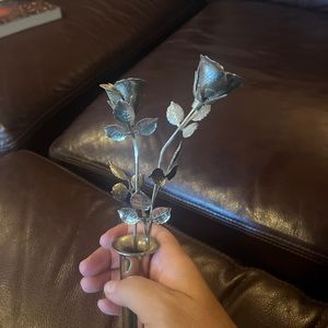 Ted Arnold Metal 2 Roses In Vase 11” Missing Bottom Of Vase Not Signed.